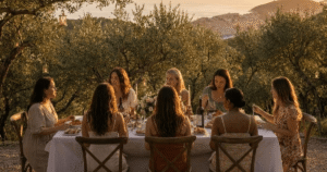Women sharing dinner outdoors at golden hour on the Dubrovnik Riviera