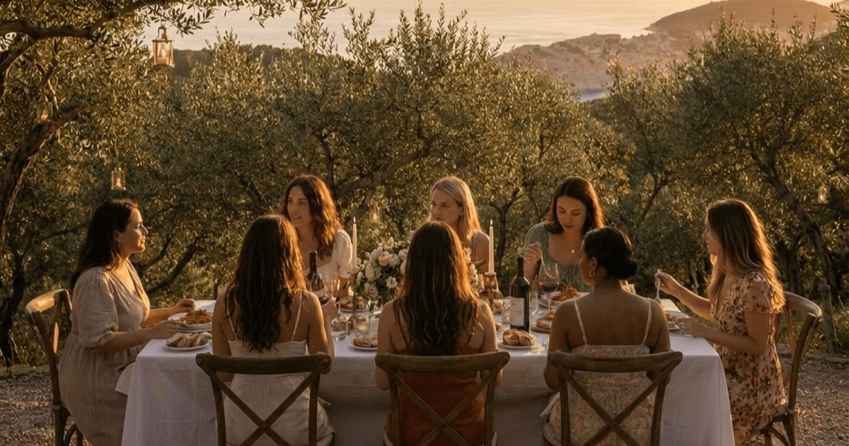 Women sharing dinner outdoors at golden hour on the Dubrovnik Riviera